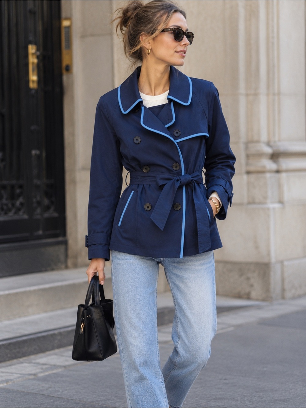 NWOT Coach Navy Blue Cotton Leather Trim Belted Trench Coat Jacket Size L